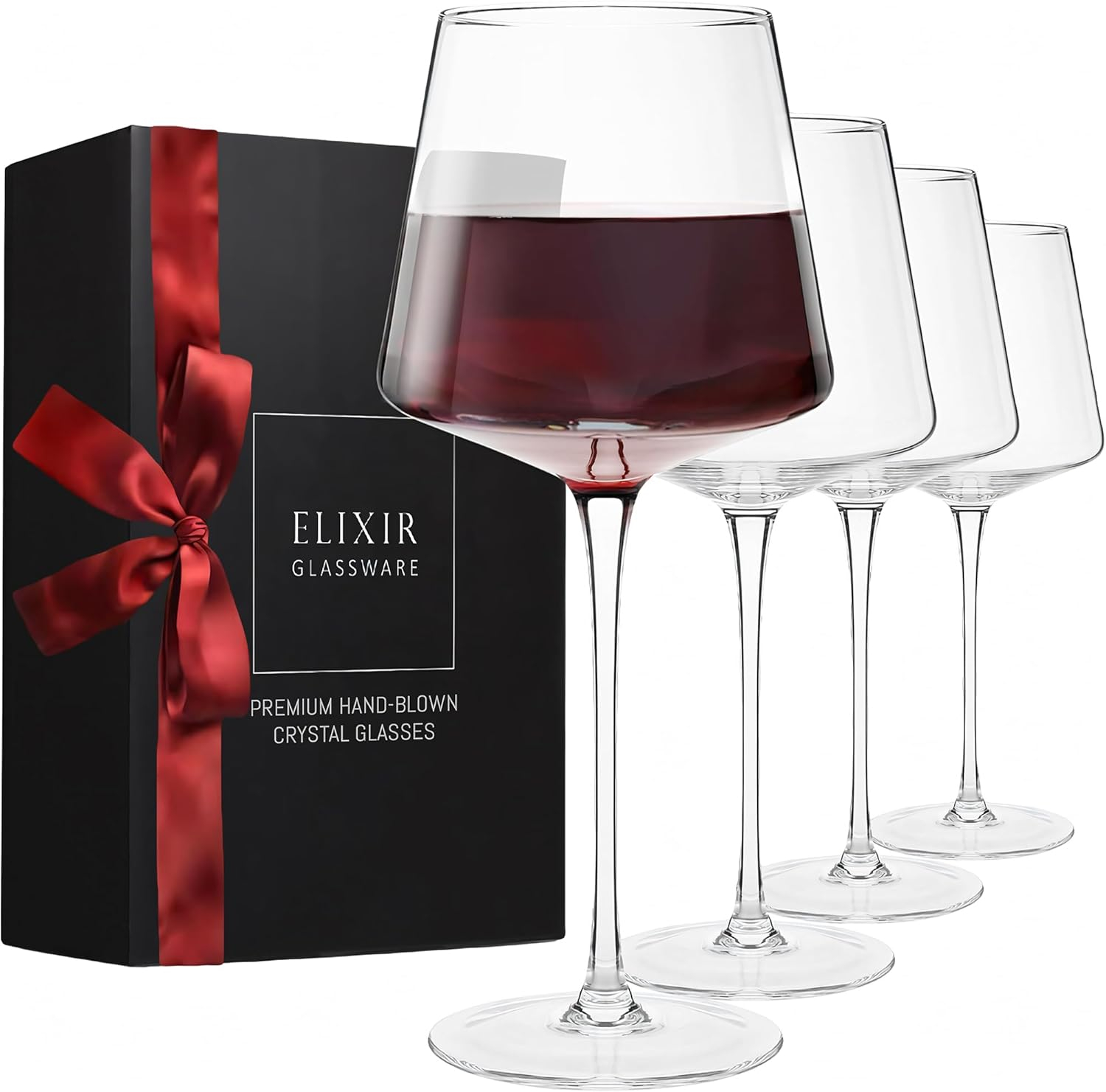 Elixir Glassware Red Wine Glasses - Set of 4 Hand Blown Large Wine Glasses - Long Stem Wine Glasses, Premium Crystal - 22oz, Clear