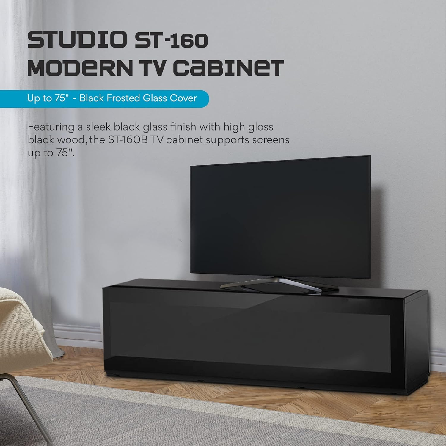 SONOROUS Studio ST-160B I/R Friendly Wood and Glass TV Stand with Hidden Wheels for Sizes up to 75" (Modern Design with 6 Shelves for Your Audio/Video Components and Consoles) - Black Glass Cover