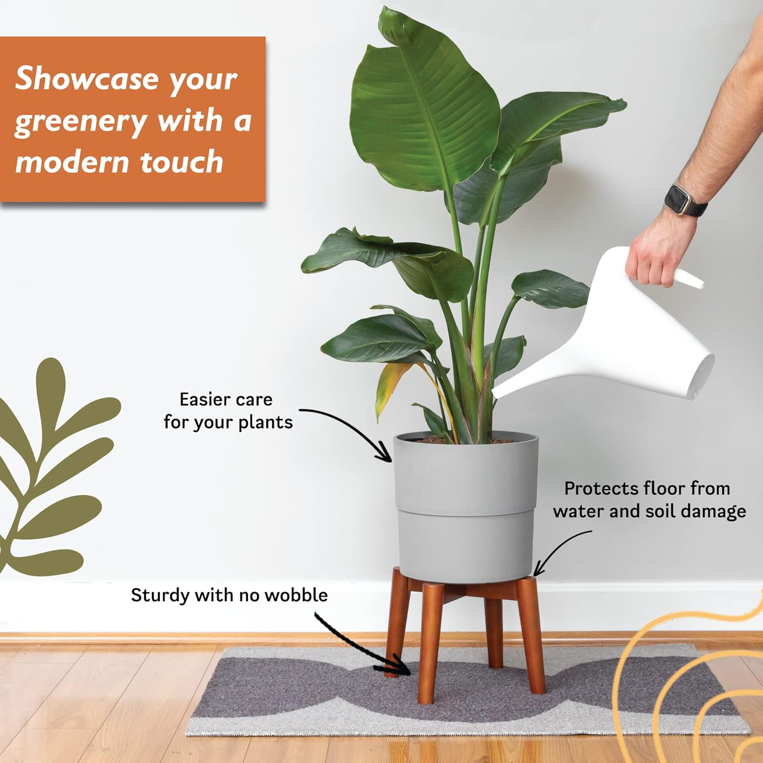 Ilyapa Indoor Plant Stand - Mid Century Modern Floor Planter Stand, 8 Inch Tall, 12 Inch Wide Walnut Stain Pot Riser - Add A Touch Of Mid Century Style To Any Room, Plants Display Rack