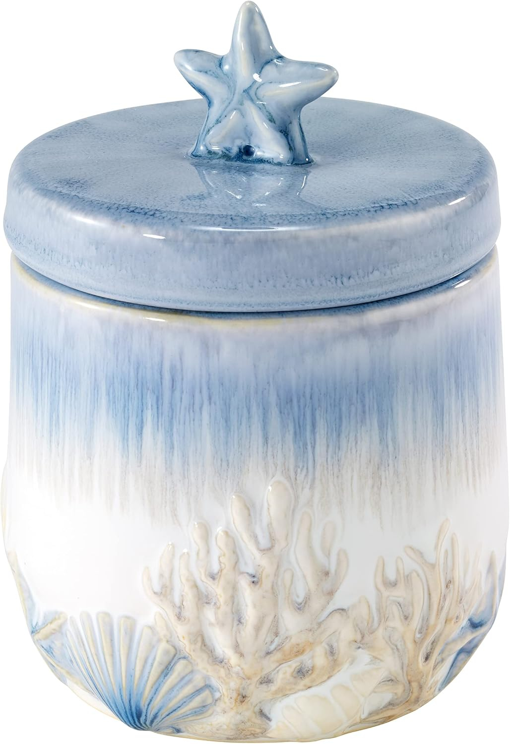 Blue and Beige Ceramic Coastal Covered Jar