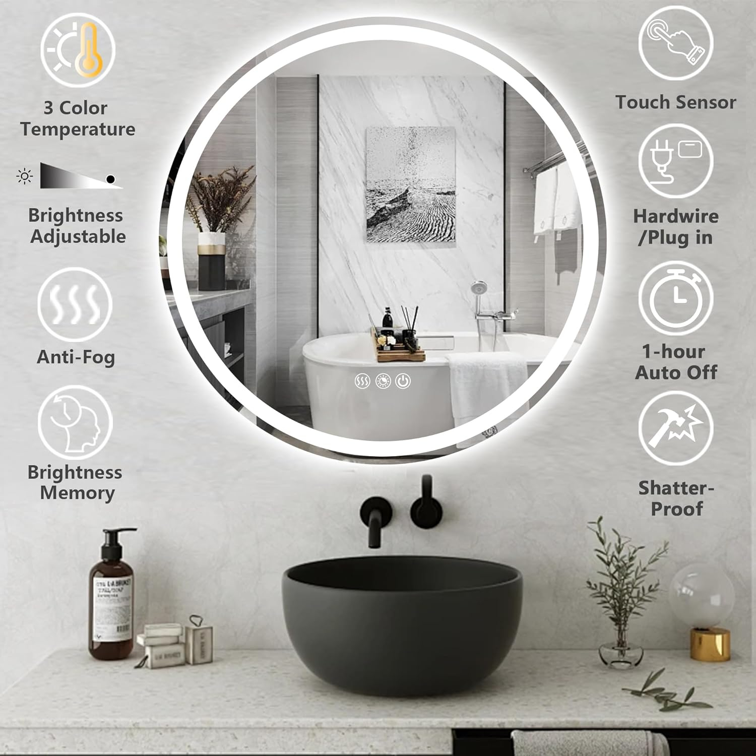 Round LED Bathroom Vanity Mirror with Lights 24 Inch Round LED Wall Mounted Mirror with Lights 3 CCT Dimmable LED Vanity Mirror Anti-Fog Dual Lighted LED Bathroom Mirror