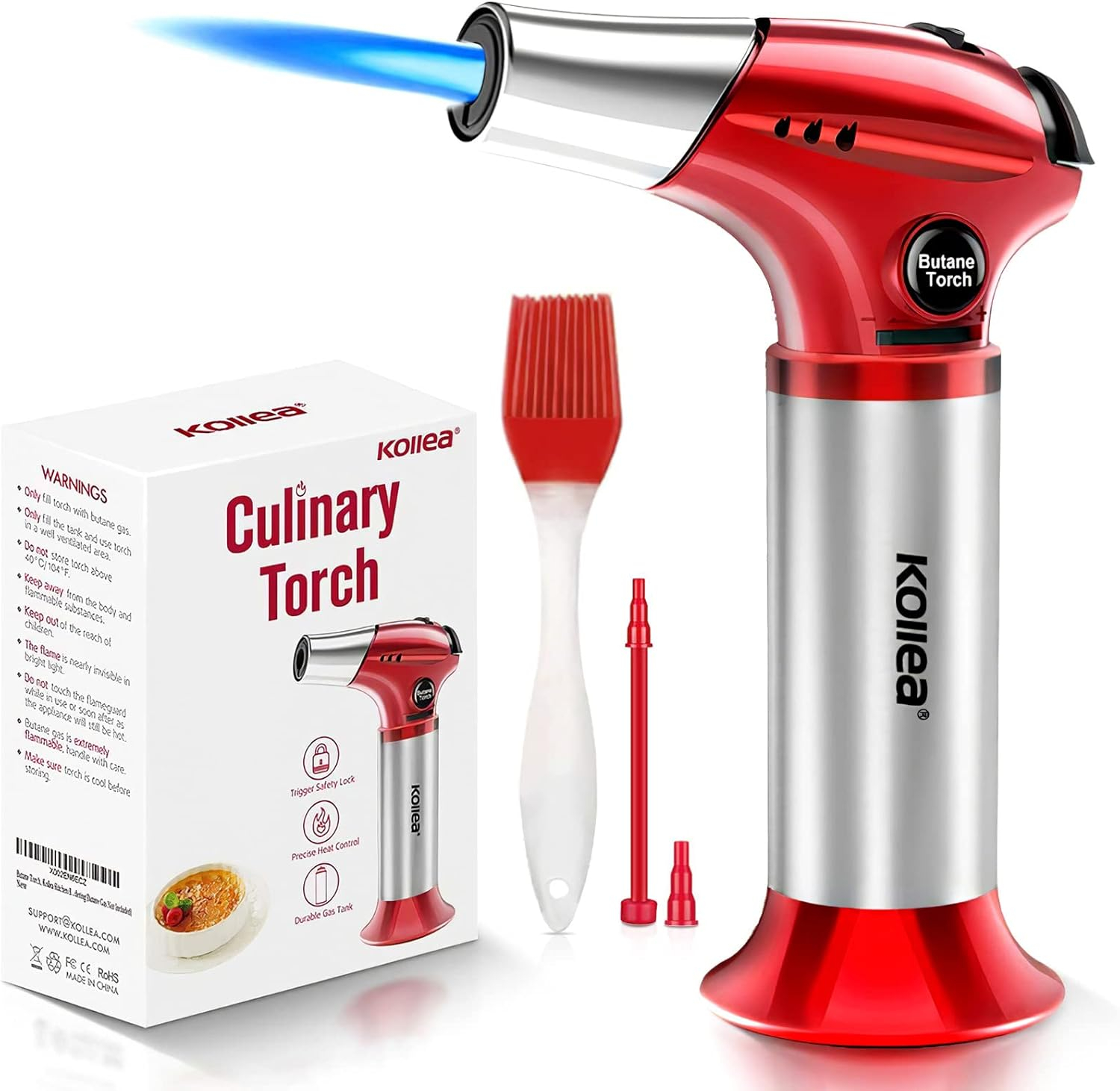 Butane Torch, Kollea Kitchen Blow Torch Refillable Cooking Torch Lighter, Mini Creme Brulee Torch with Safety Lock & Adjustable Flame for Desserts, BBQ, Soldering (Butane Gas Not Included)