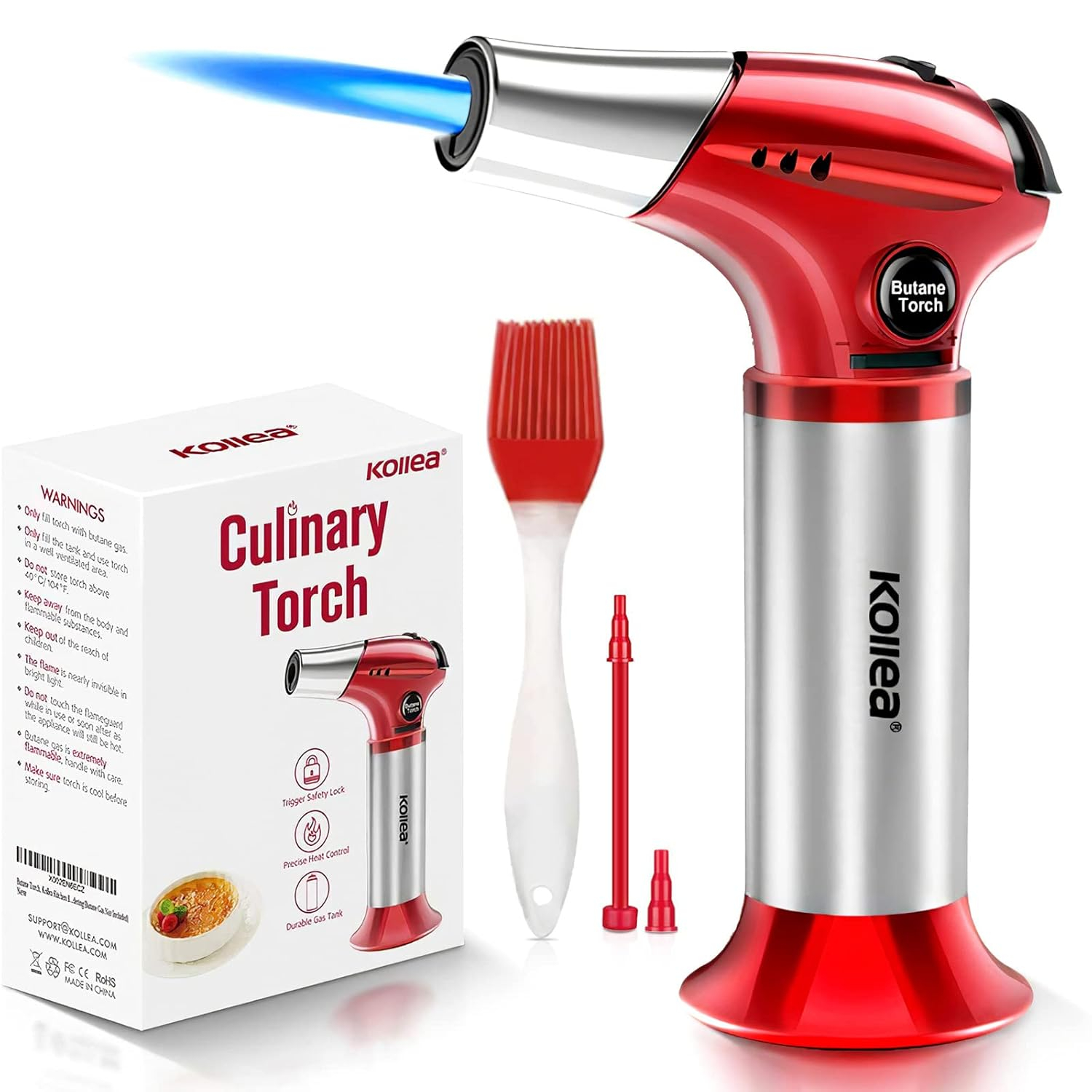 Butane Torch, Kollea Kitchen Blow Torch Refillable Cooking Torch Lighter, Mini Creme Brulee Torch with Safety Lock & Adjustable Flame for Desserts, BBQ, Soldering (Butane Gas Not Included)