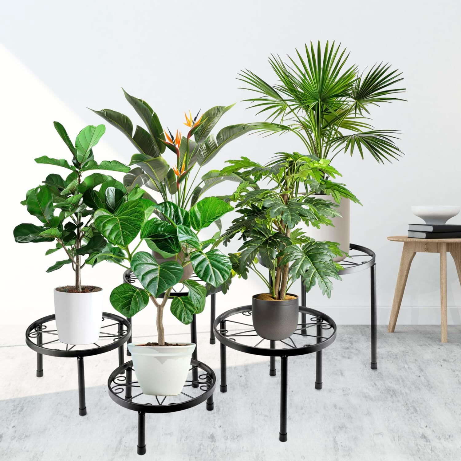 QWORK 5-Pack Metal Plant Stands, Black, Versatile Indoor and Outdoor Display with Rustproof Coating, Up to 130 lbs