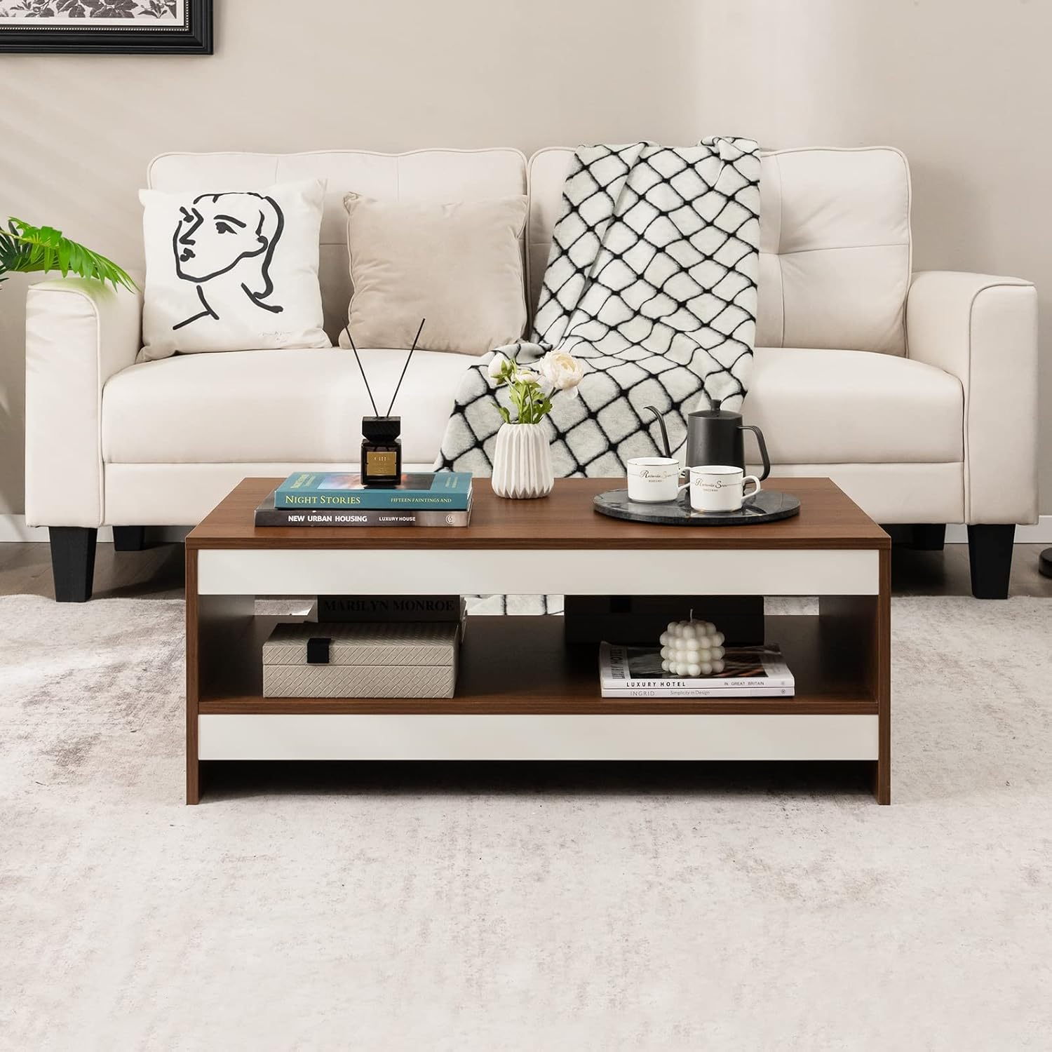 Tangkula Modern Coffee Table for Living Room, 2-Tier Rectangle Coffee Table with 37" Large Tabletop and Open Shelf, Wood Central Tea Table, Cocktail Table for Reception Office (Brown)