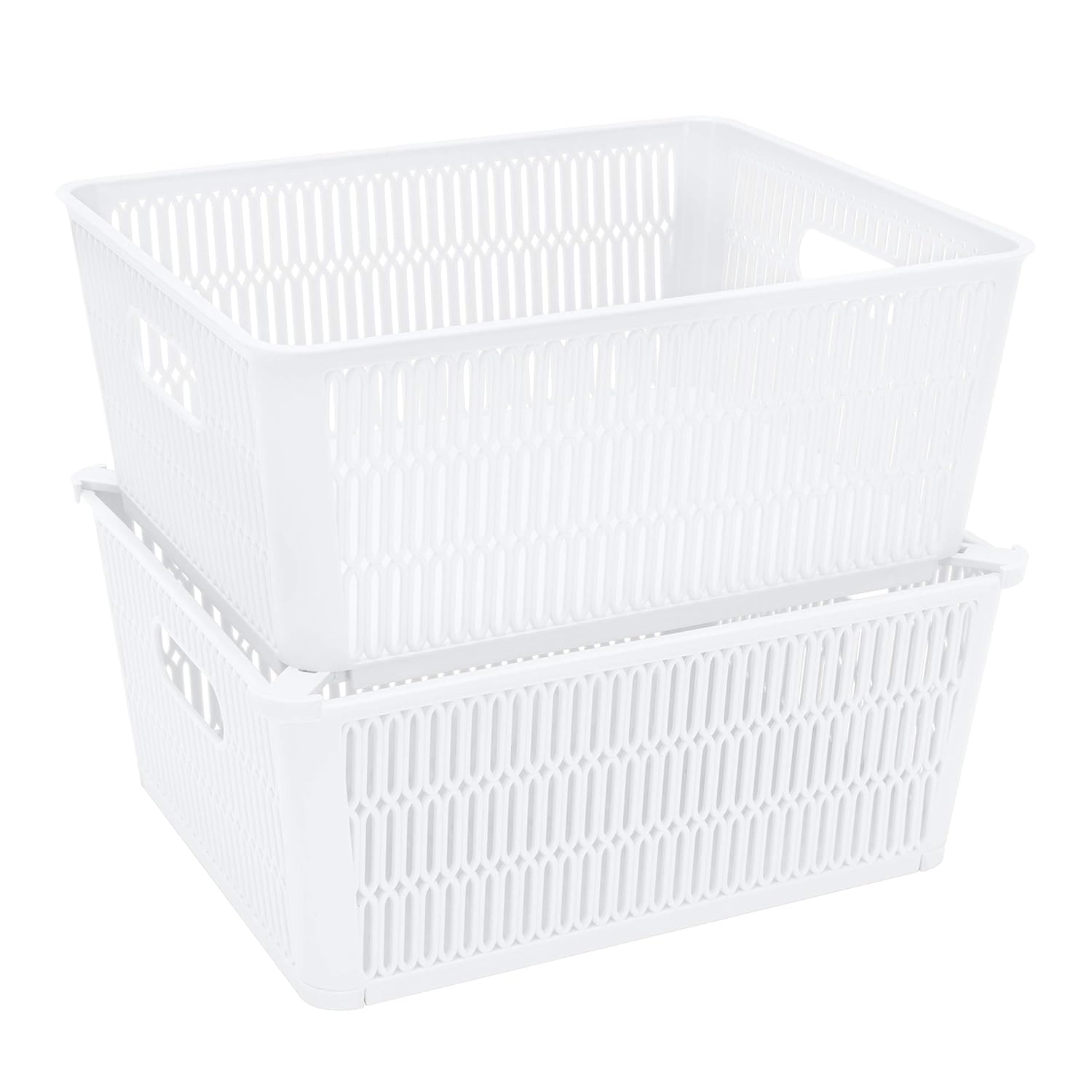 Simplify Slide 2 Stack It 2 Pack Plastic Storage Tote Baskets in White