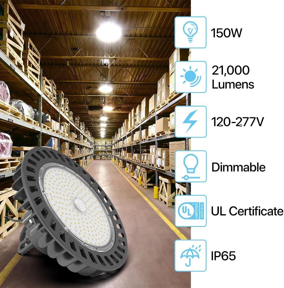 HYPERLITE UFO Led High Bay Light 150W 21,750lm 5000K 1-10V Dimmable High Bay Led Lights UL Listed US Hook 5' Cable Led High Bay Lights Alternative to 650W MH/HPS for Gym Factory Warehouse