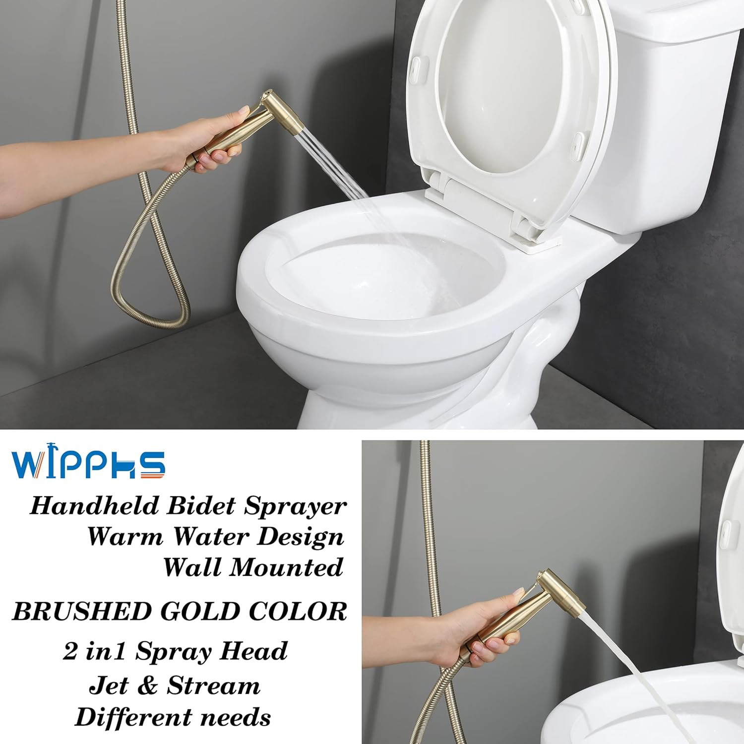 Handheld Bidet Sprayer Brushed Gold Warm Water, WiPPhs Stainless Steel Bidet Hand Held Sprayer for Toilet with Brass Hot and Cold Mixing Valve, WI9138BG