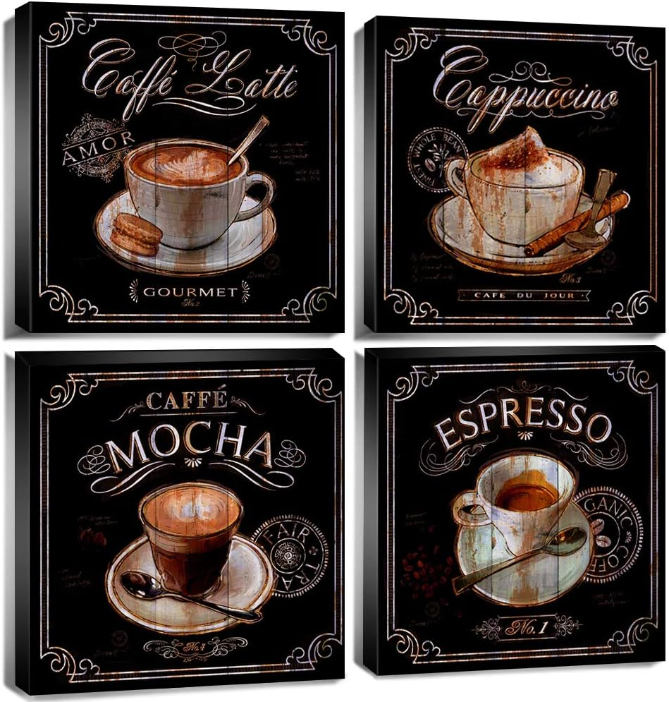 Kitchen Wall Art Coffee Wall Art Vintage Brown Black Cafe Pictures Dining Room Bar Wall Decor Fireplace Sign Bean Modern Artwork Canvas Coffee Shop Painting Family Restaurant Home Decoration 12x12" 4P