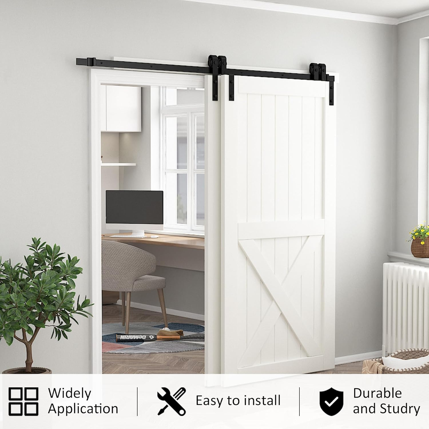 skysen 5.5FT Heavy Duty Sliding Barn Door Hardware Single Track Bypass Double Door Kit Black(Bypass J Shape-1)