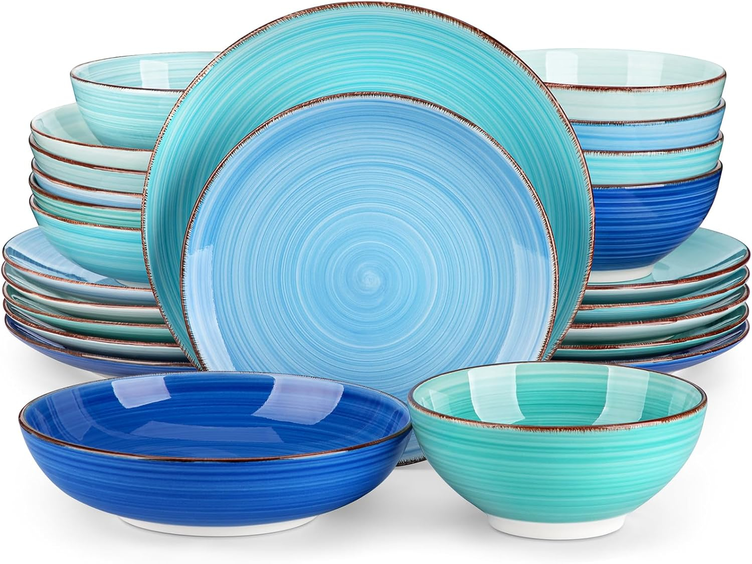 vancasso Bonita Dinnerware Set Blue Stoneware 24 Pieces Service for 6, Handpainted Spirals Pattern Stoneware Combination Set