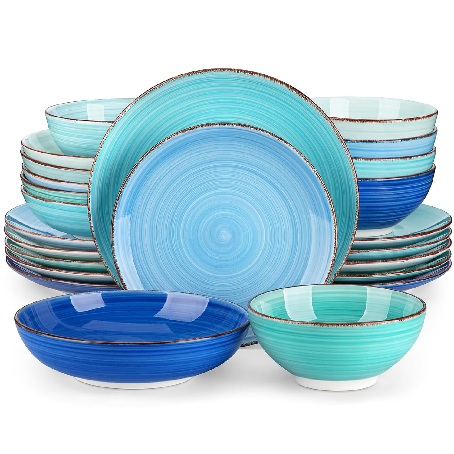vancasso Bonita Dinnerware Set Blue Stoneware 12 Pieces Service for 4, Handpainted Spirals Pattern Stoneware Plates and Bowls Set
