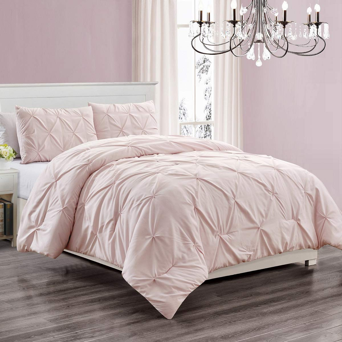 Juego de Edredón de Microfibra de 3 Piezas, Ropa de Cama Alternativa con Pliegues, Decoración de Dormitorio para Niñas de Color Rosa Rubor, Tamaño QUEEN para Todas las Estaciones, JN1
