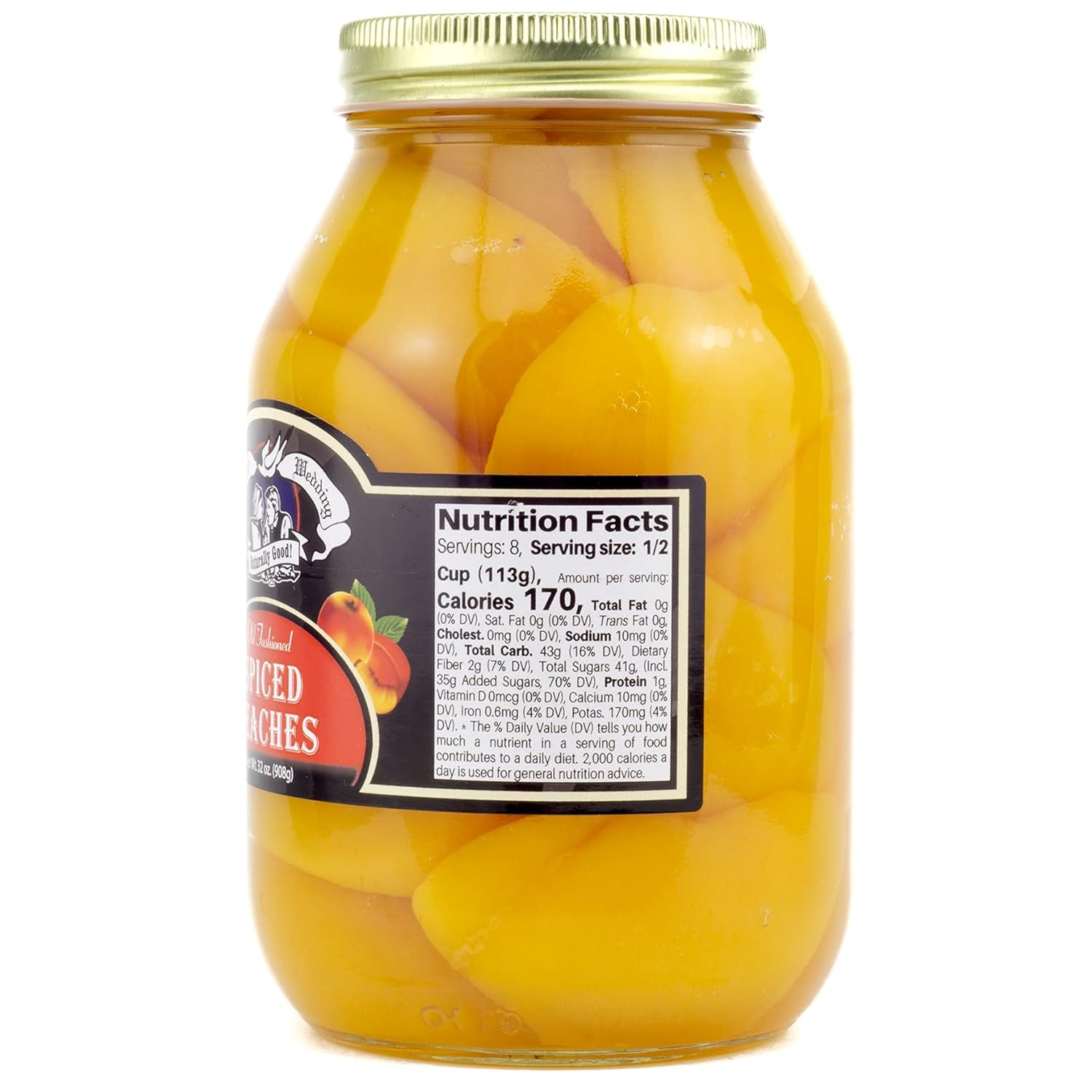 Amish Wedding Ready to Eat Peaches, USA Made 32 ounce Glass Jar, No Preservatives, Spiced Flavor