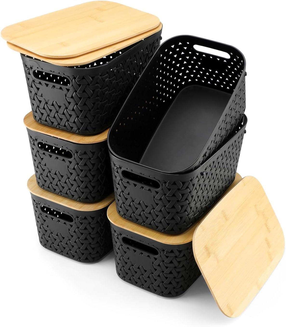 AREYZIN Plastic Storage Bins with Bamboo lids and Stackable Storage Baskets for Shelves Drawers Desktop Closet - Organize Your Home or Office with These Space-Saving Storage Solution,Black