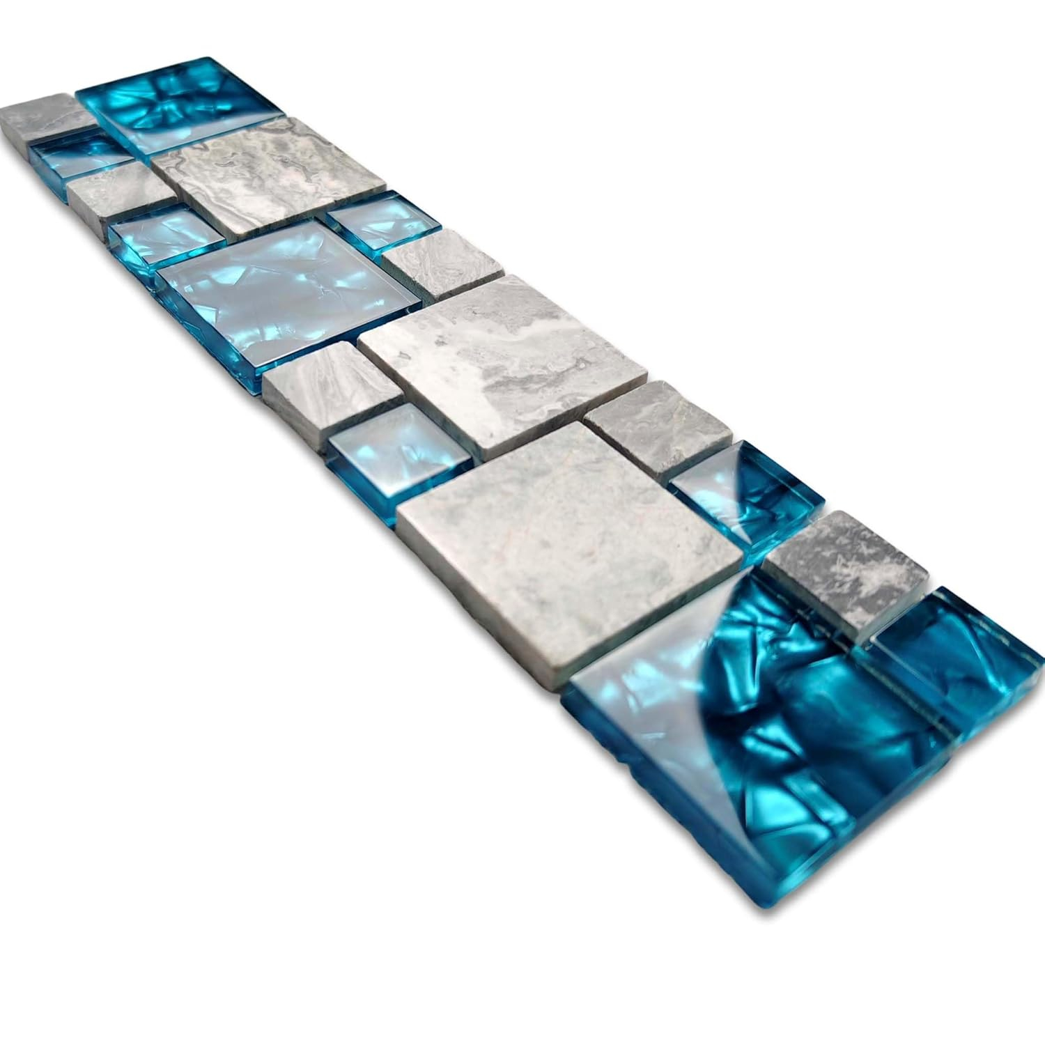 Premium Teal Blue Crystal Glass & Grey Stone Tile Modern Bathroom Shower Wall Versaille Patterns Mosaic for Kitchen Fireplace Decor (3"x12" Sample)