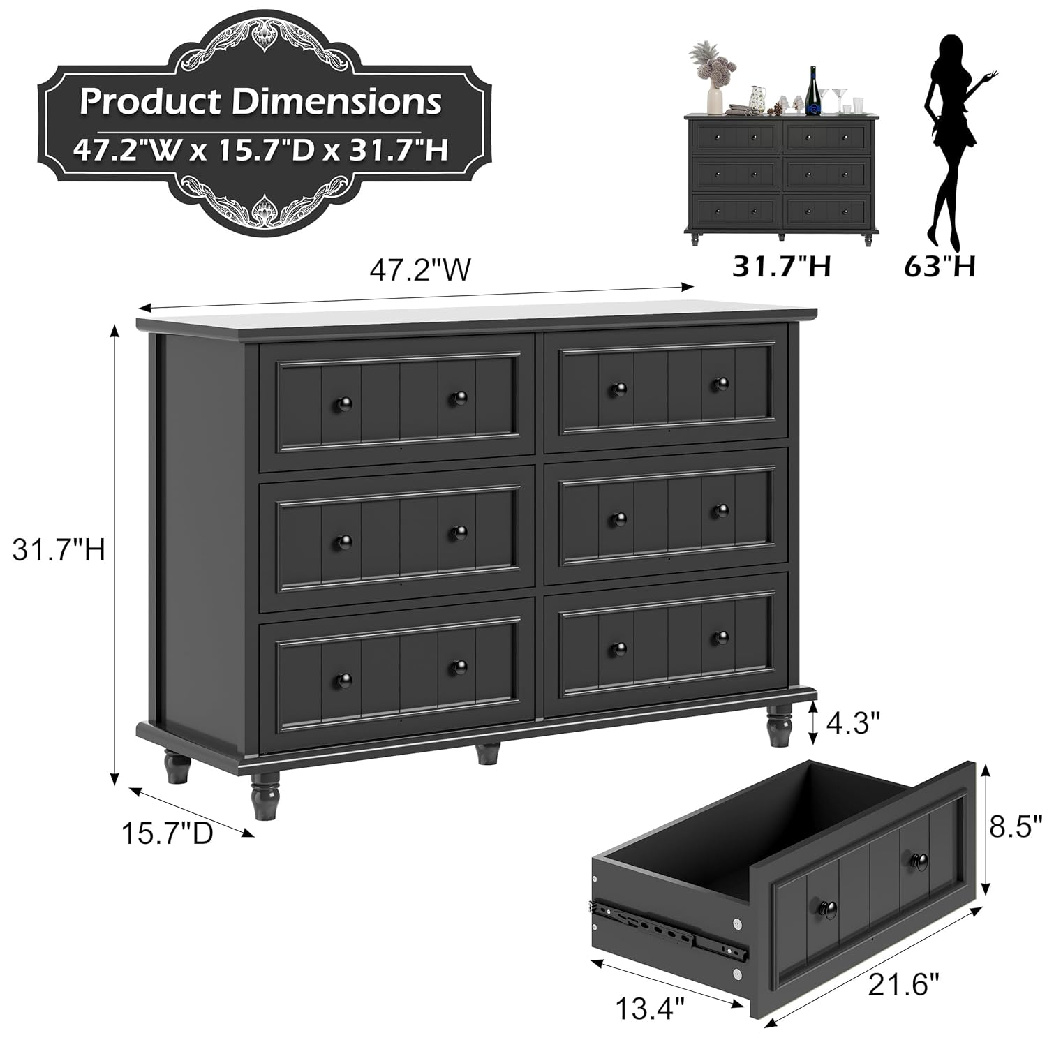 Scurrty 6 Drawer Dresser, Antique Chest of Drawers, Large Cabinet with Storage, Big Dresser for Clothes in Living Room, Bedroom (Black)