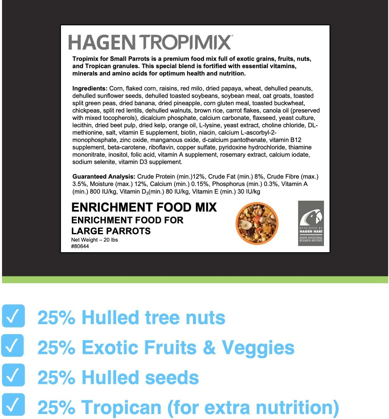 Hagen Tropimix Enrichment Food for Small Parrots, 20 lb. (9.07 kg) - HARI Small Parrot Food with Seeds, Fruit, Nuts, Vegetables, Grains, and Legumes