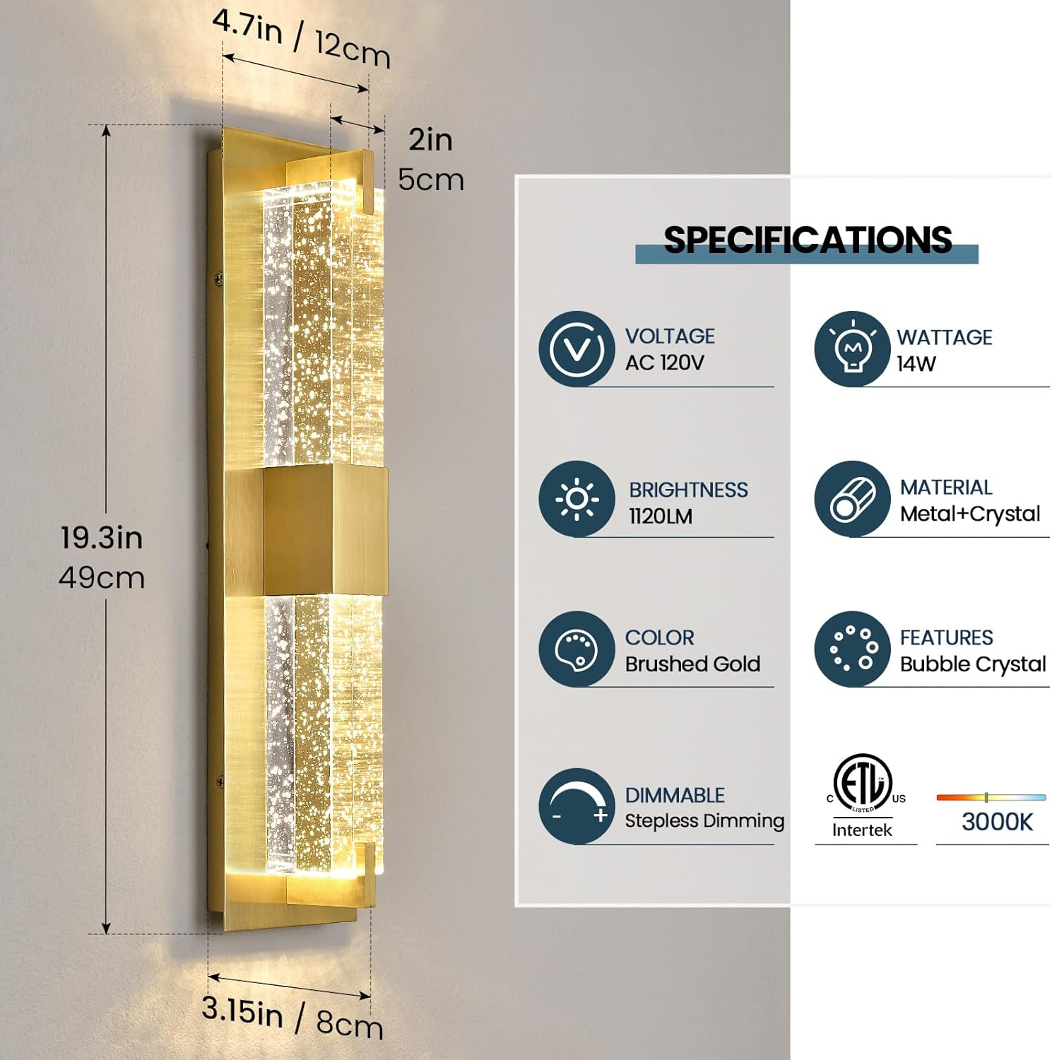 WOSHITU LED Wall Sconce Light: 19 Inch Gold Modern Sconces Wall Lighting 3000K Dimmable Crystal Wall Lamps Indoor Bathroom Sconce Mount Light Fixtures for Living Room/Bedroom/Hallway