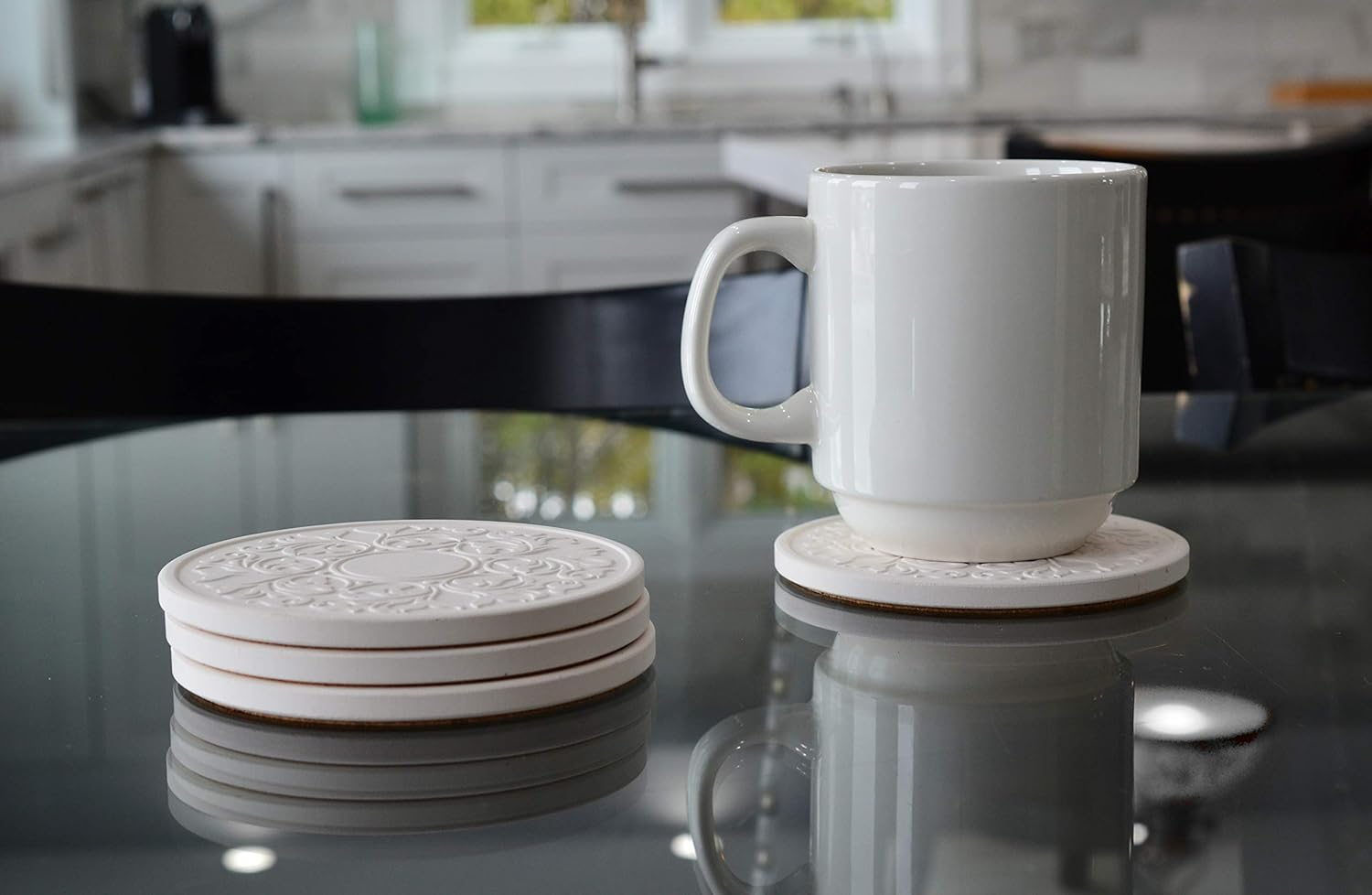 CoasterStone EC400 Absorbent Stone Coasters, "Victorian Lace Set of 4, White