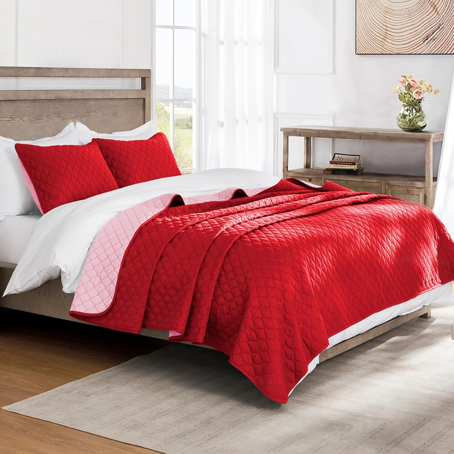 Exclusivo Mezcla Reversible Queen Quilt Set, 3-Piece Lightweight Quilts Soft Bedspreads Bed Coverlets, Red