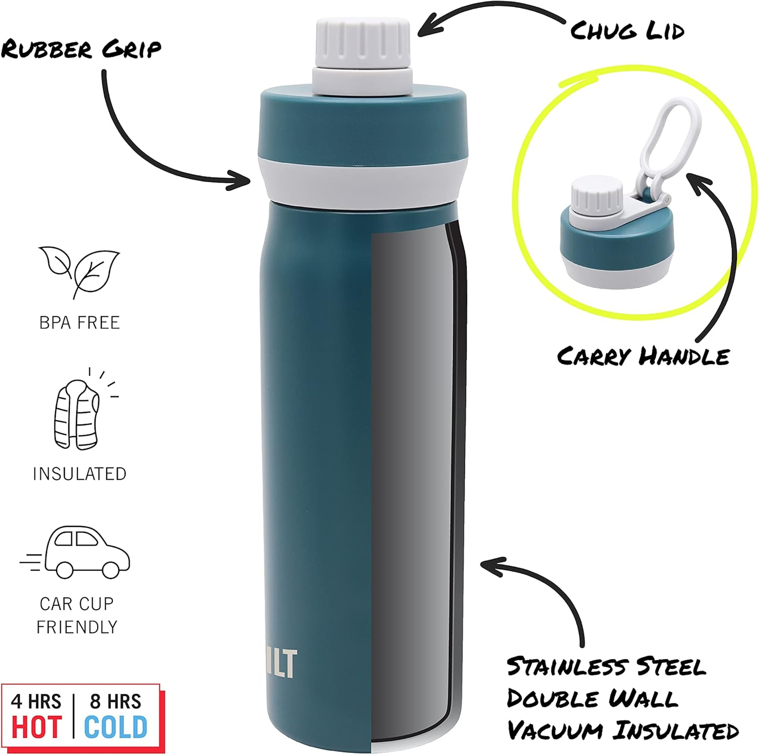 BUILT Cascade Double Wall Vacuum Insulated Stainless Steel Wide Mouth Water Bottle with Comfort Grip and Chug Lid and Carry Handle, 20 ounces