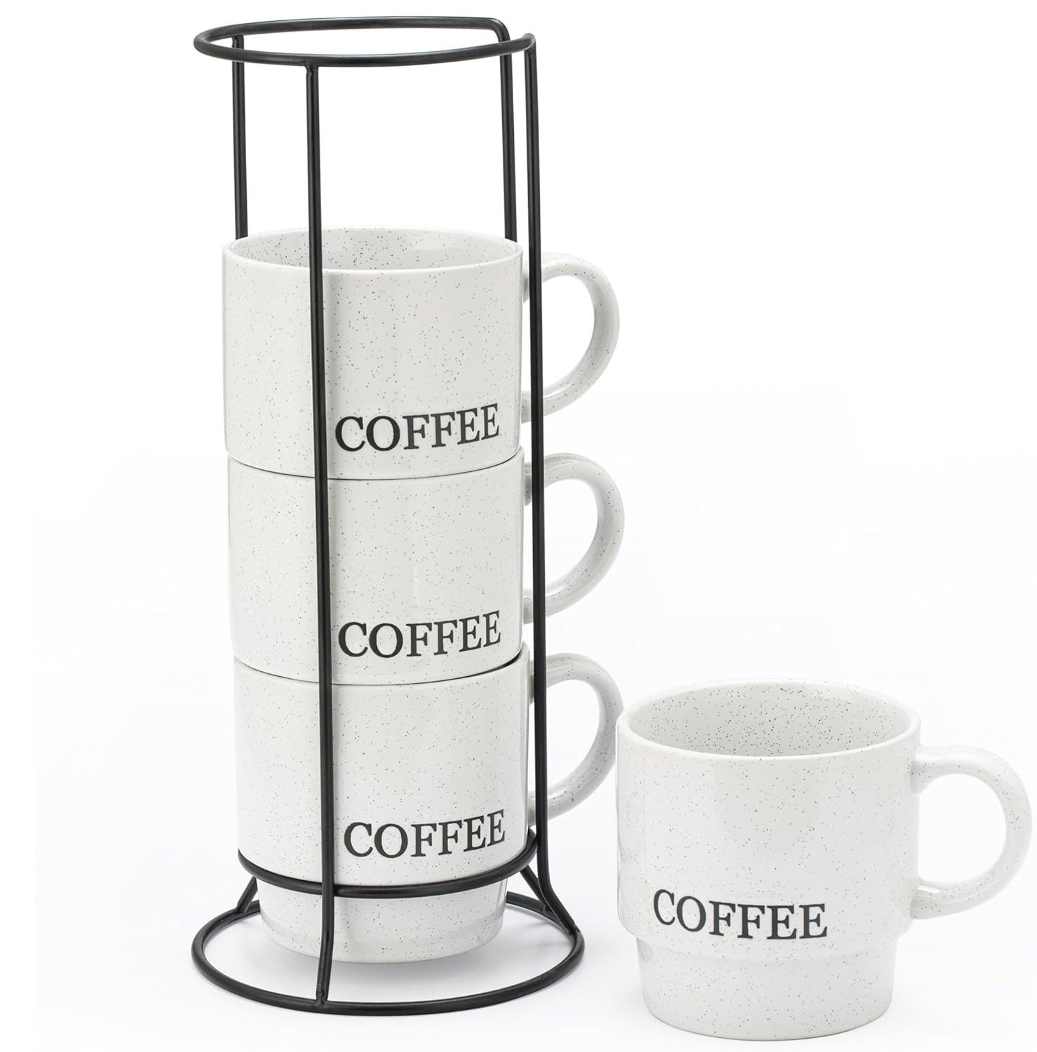 Signature Housewares Stackable Coffee Mug Tower Set with Metal Wire Rack - 15 Ounce Coffee Mugs for Coffee, Tea, Cocoa, Milk, Cappuccino, Hot Chocolate Set of 4 - White Coffee