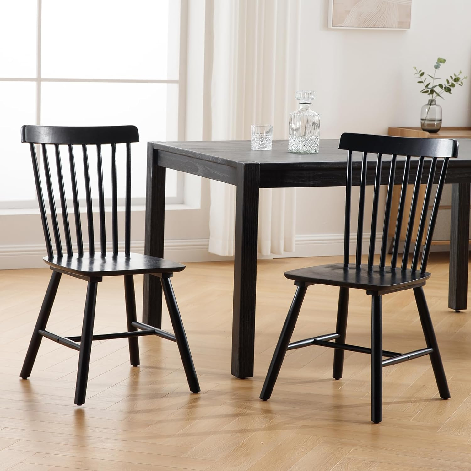 Farmhouse Style Windsor Chairs Set of 2, Vintage Kitchen & Dining Room Chairs with Spindle Back, Comfy Armless Solid Wood Side Chair for Home/Living Room/Restaurant, Black