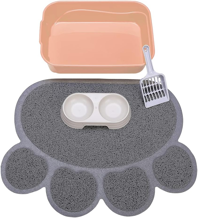Kitty Litter Box Starter Kit - Small Cat Litter Pan Without Lid, Litter Mat, Scoop and Bowl for Kitten Within 3 Months (PinkScoop Set)