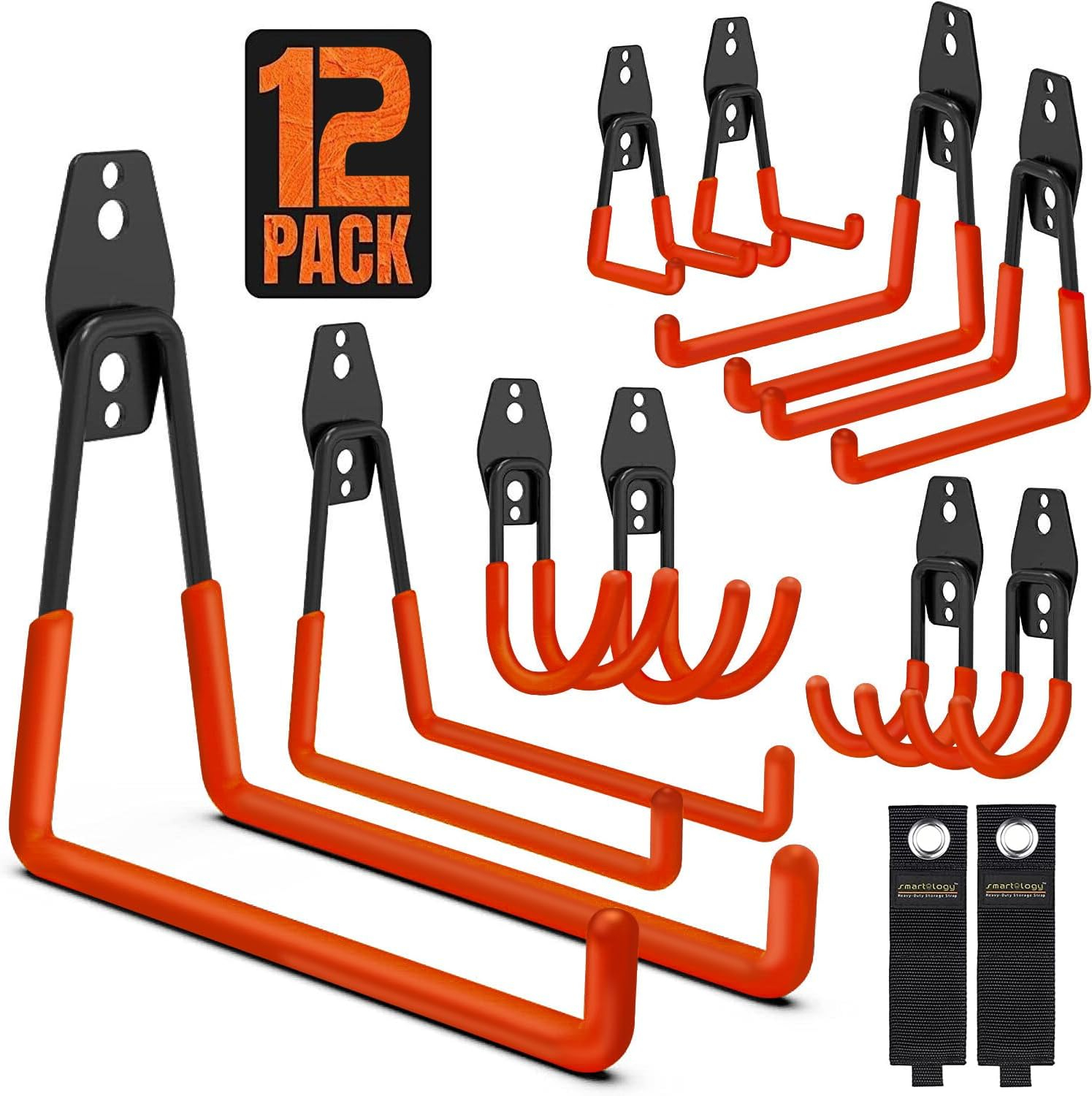 12 Pack Wall Storage Hooks with 2 Extension Cord Straps, Heavy Duty Tool Hangers for Utility Organizer, Wall Mount Holders for Garden Lawn Tools, Ladders Hanger