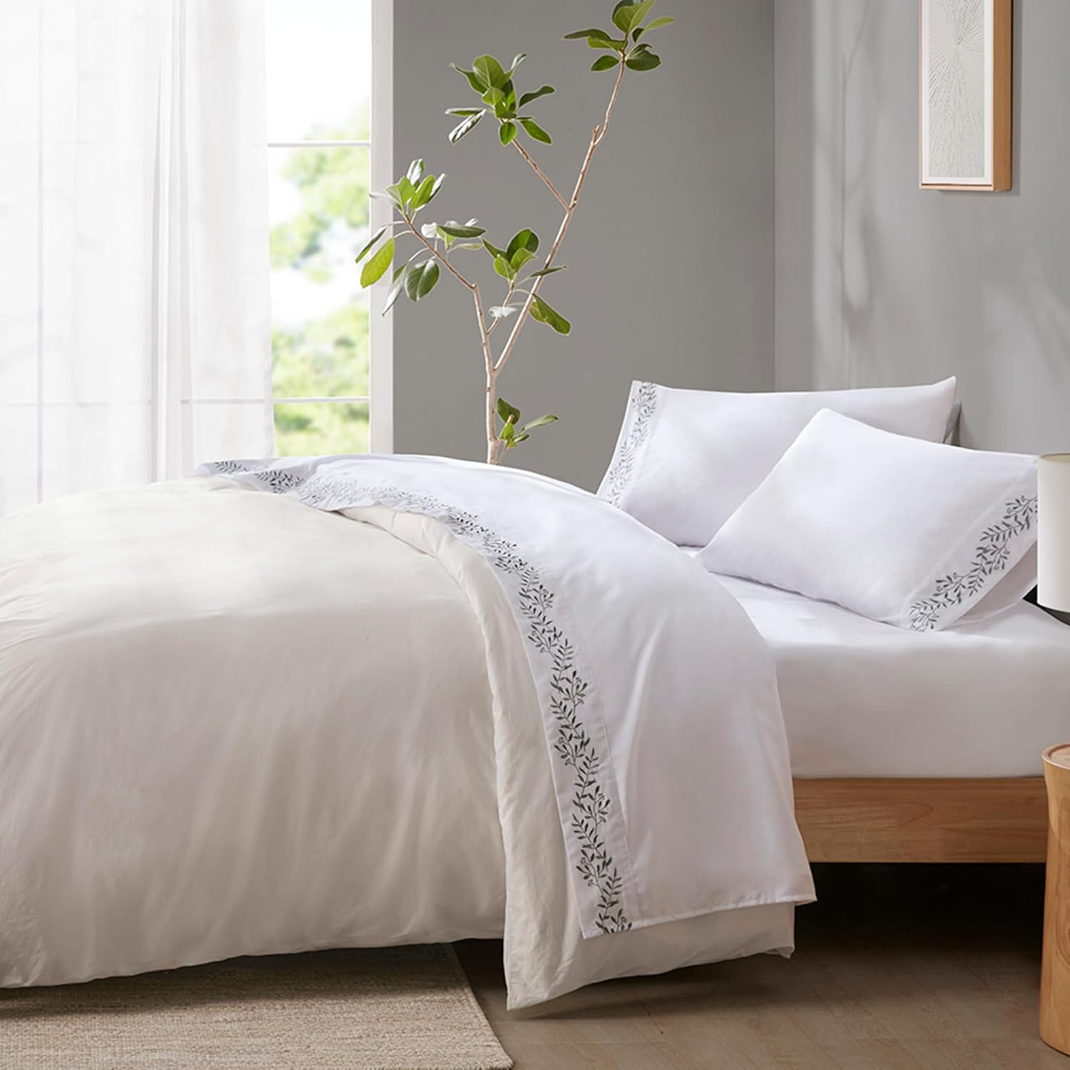 Madison Park Soft Brushed Microfiber Sheets Set, Elegant Embroidery Hem Design, Premium 14" Elastic Pocket Fits up to 16" Mattress, All Season Bedding & Pillowcases, Full Green Vine 4 Piece