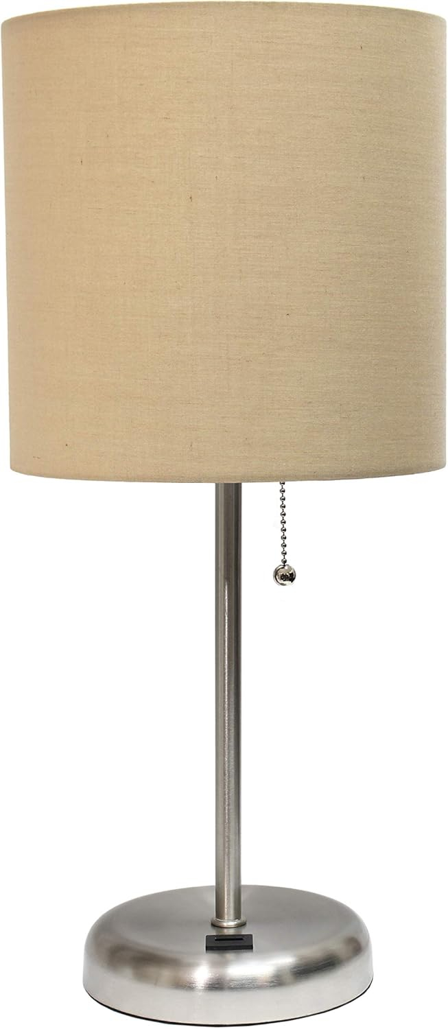 LimeLights Stick Lamp with USB charging port and Fabric Shade, Tan