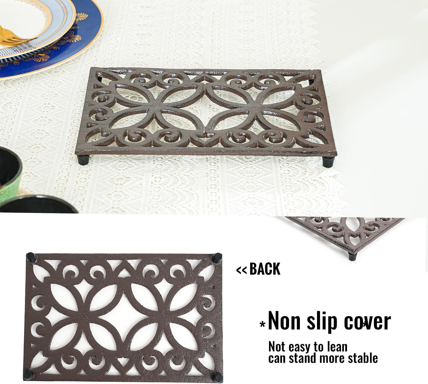 Rustic Brown Cast Iron Rectangular Decorative Trivet