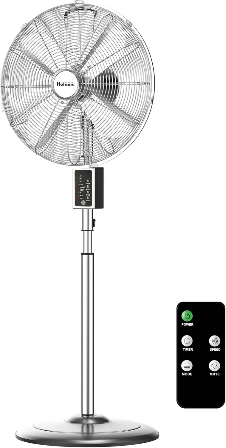 Holmes 16” Digital Oscillating Metal Stand Fan, 3 Speeds, Adjustable Height, Remote Control, Chrome