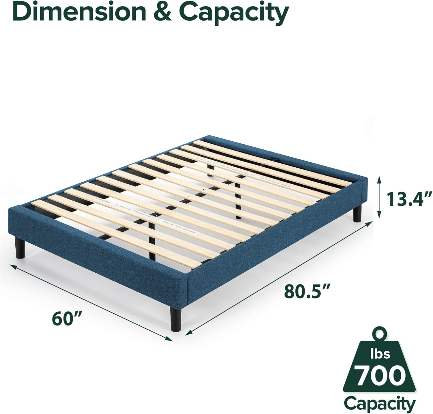 Zinus Curtis 13" Upholstered Platform Bed Frame, Navy, Queen