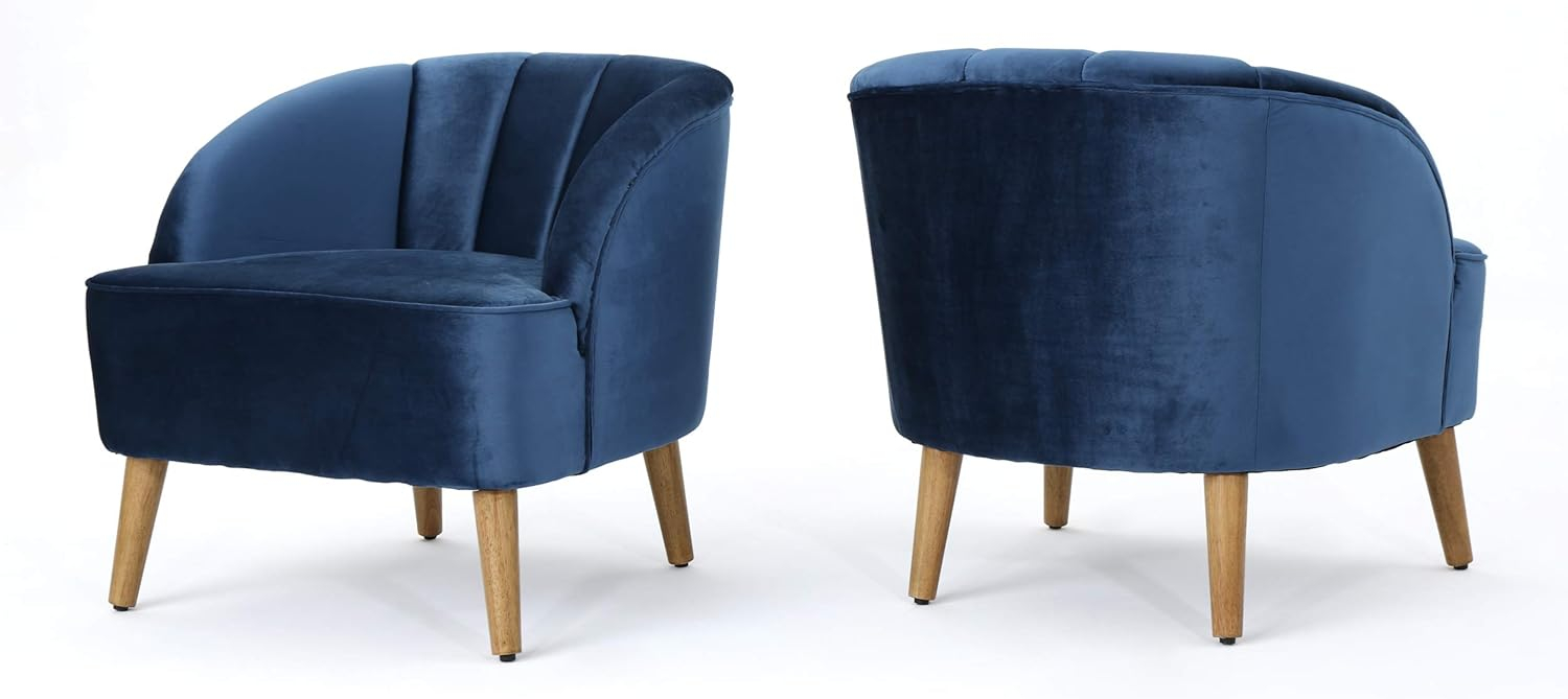 GDF Studio Scarlett Modern Velvet Channel Stitch Club Chairs, Set of 2, Cobalt and Walnut