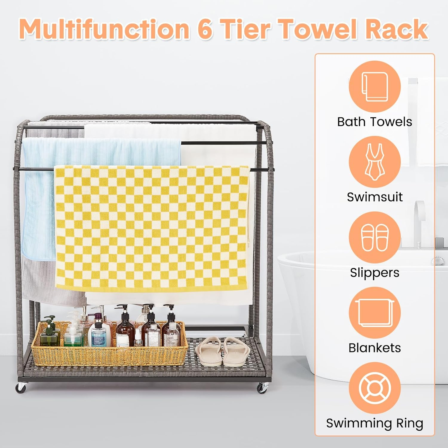 Outdoor Rattan 5-Bar Poolside Towel Rack with Storage