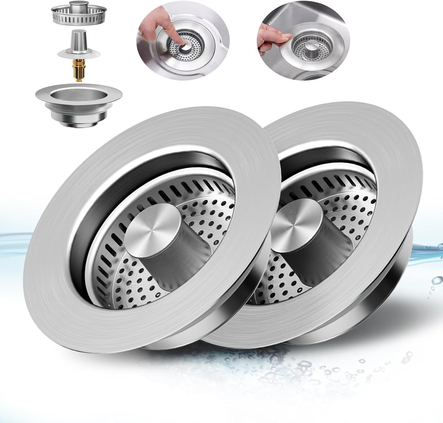 2PCS Upgraded 3 in 1 Kitchen Sink Drain Strainer,Anti-Clogging Sink Food Catcher Basket, Stainless Steel Pop-Up Kitchen Sink Stopper for US Standard 3-1/2 inch Kitchen Sink (Silver-2Pack)