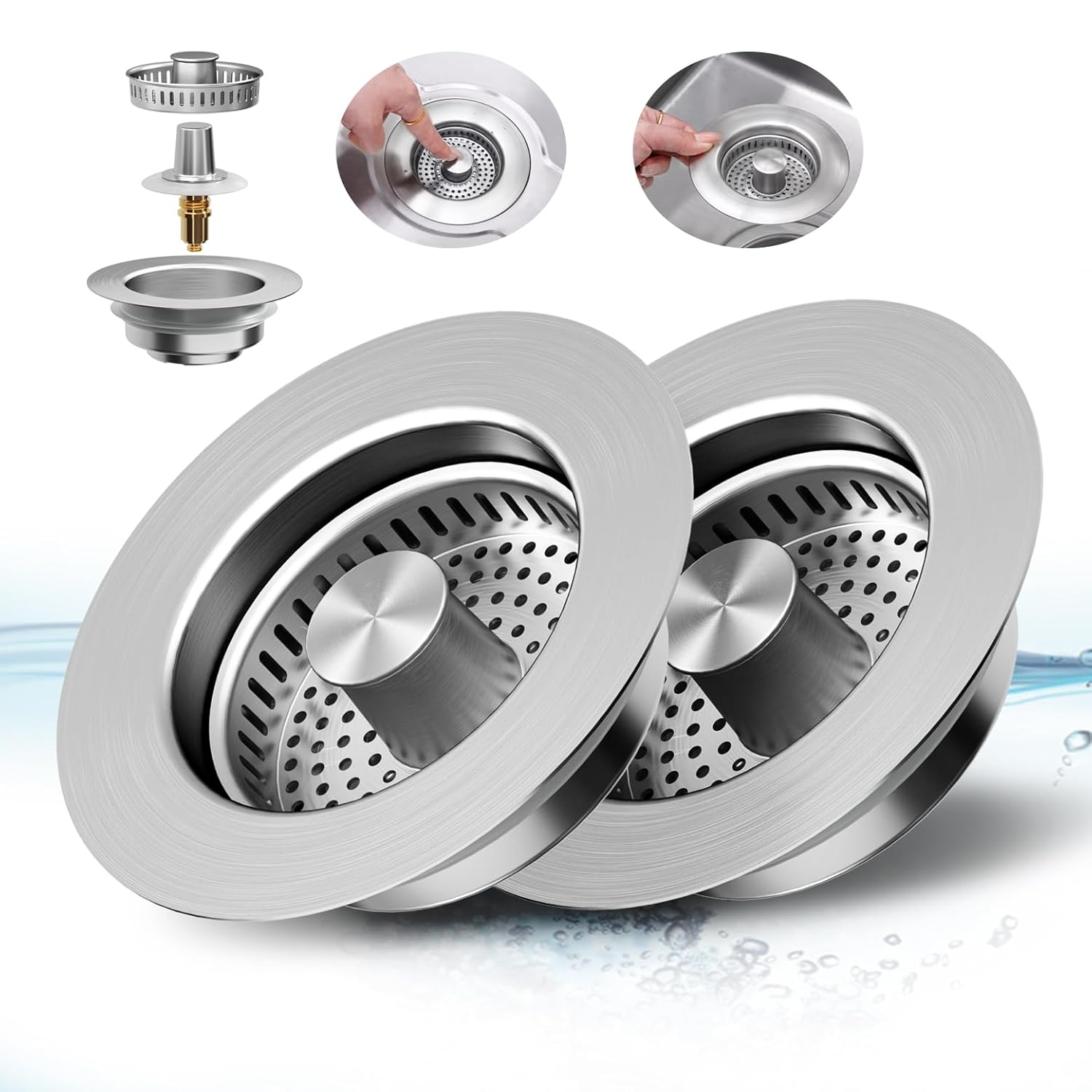 2PCS Upgraded 3 in 1 Kitchen Sink Drain Strainer,Anti-Clogging Sink Food Catcher Basket, Stainless Steel Pop-Up Kitchen Sink Stopper for US Standard 3-1/2 inch Kitchen Sink (Silver-2Pack)