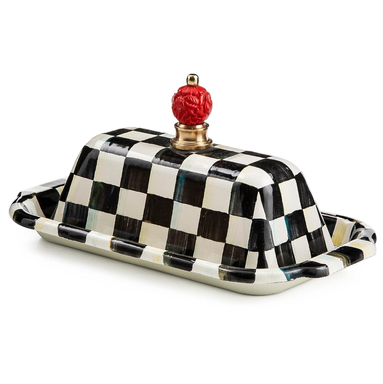 Black and White Checkered Enamel Butter Dish with Red Knob