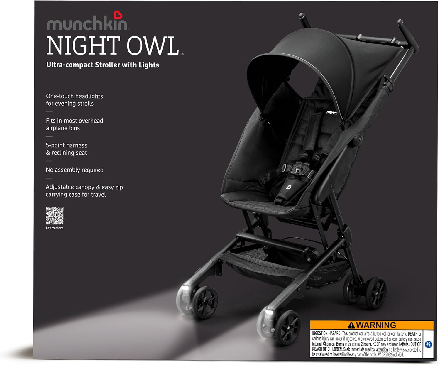Munchkin Night Owl™ Folding Ultra Compact Travel Baby & Toddler Stroller with Lights, Black, Unisex