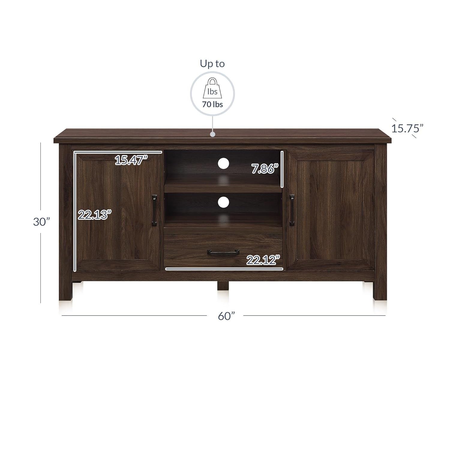 BELLEZE Modern 60 Inch Farmhouse TV Stand or Entertainment Center for TVs Up to 65 Inches, Sideboard Kitchen Buffet Storage Cabinet with Shelves and Storage - Virat (Dark Walnut)
