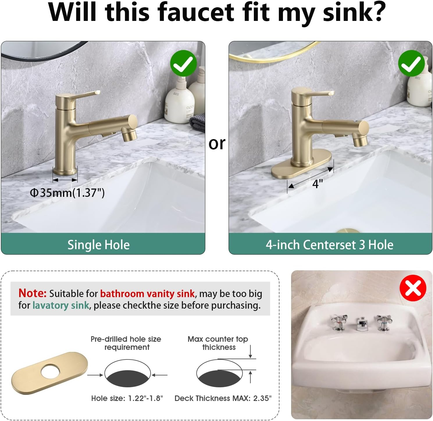 Single Handle 1 or 3-Hole Bathroom Faucet with Deckplate Included and Pull Out Sprayer in Brushed Gold