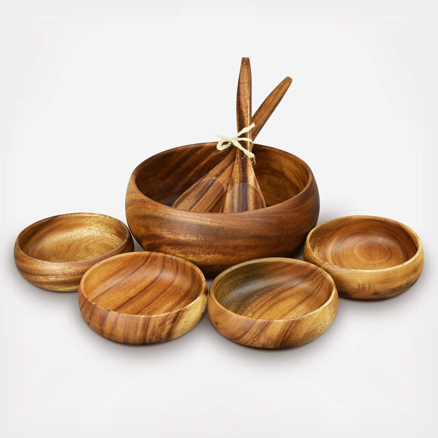 Rustic Acacia Wood 7-Piece Round Salad Bowl Set