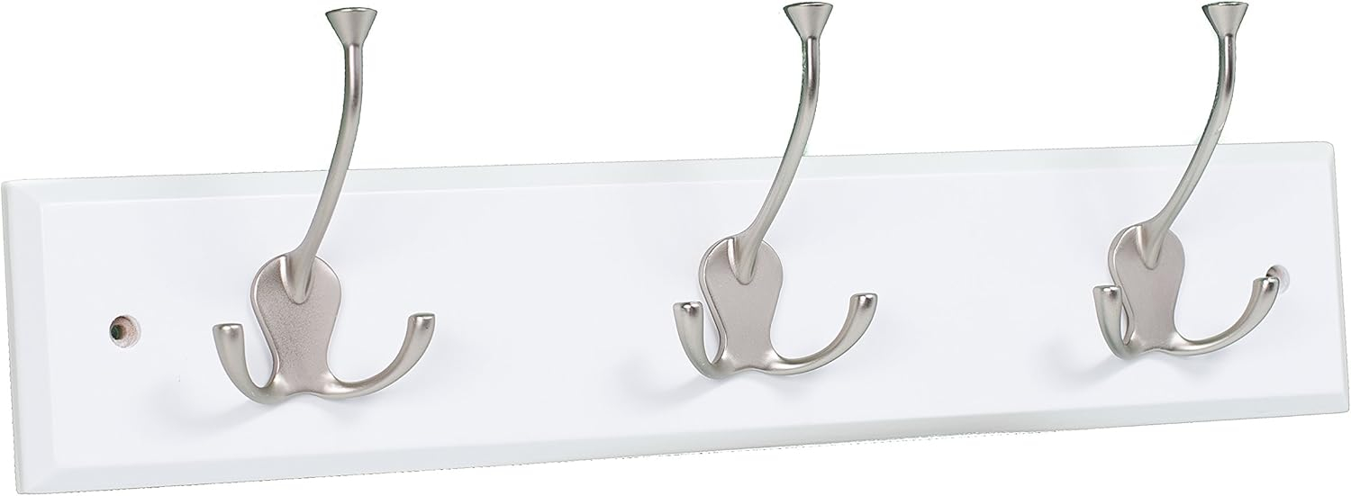 BirdRock Home Tri Hook Coat Rack - 3 Hooks - Wall Mount Hat Rack - White Finish - Satin Nickel Hooks