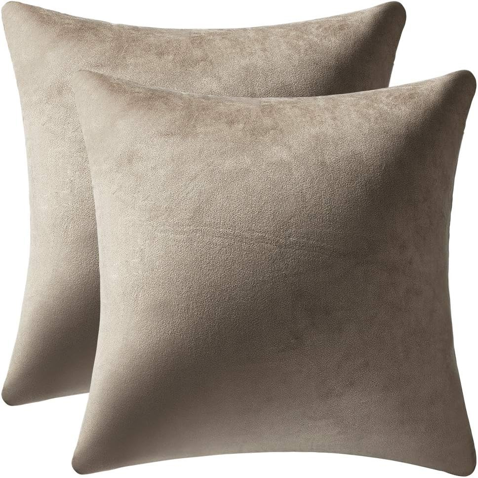 DEZENE Decorative Pillow Covers 18x18 Taupe: 2 Pack Cozy Soft Velvet Square Throw Pillow Cases for Farmhouse Home Decor