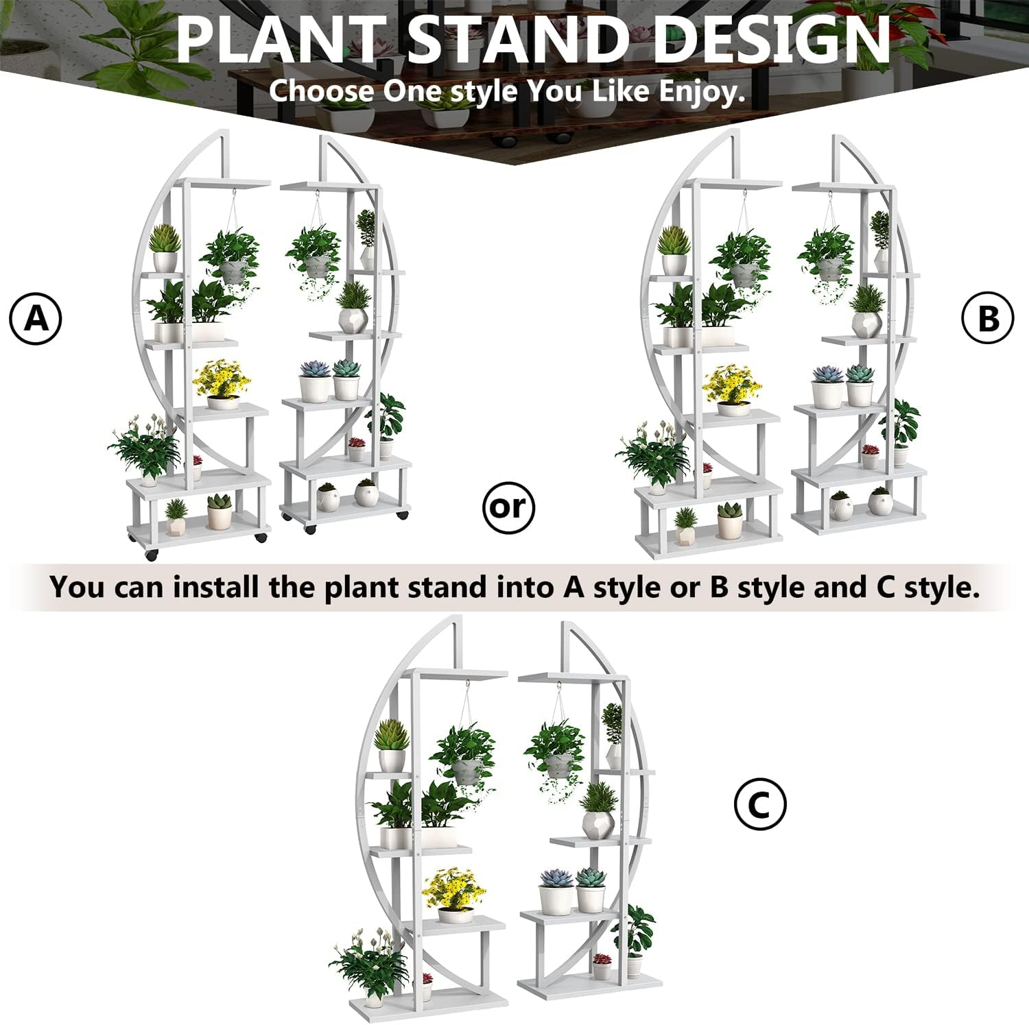 2 Pcs 6 Tier Tall Metal Indoor Plant Stand with Detachable Wheels, Plant Shelf Holder for Outdoor Clearance with Hanging Loop, Half-Moon-Shaped Multi-Purpose Plant Stands for Home Decor, Balcony,