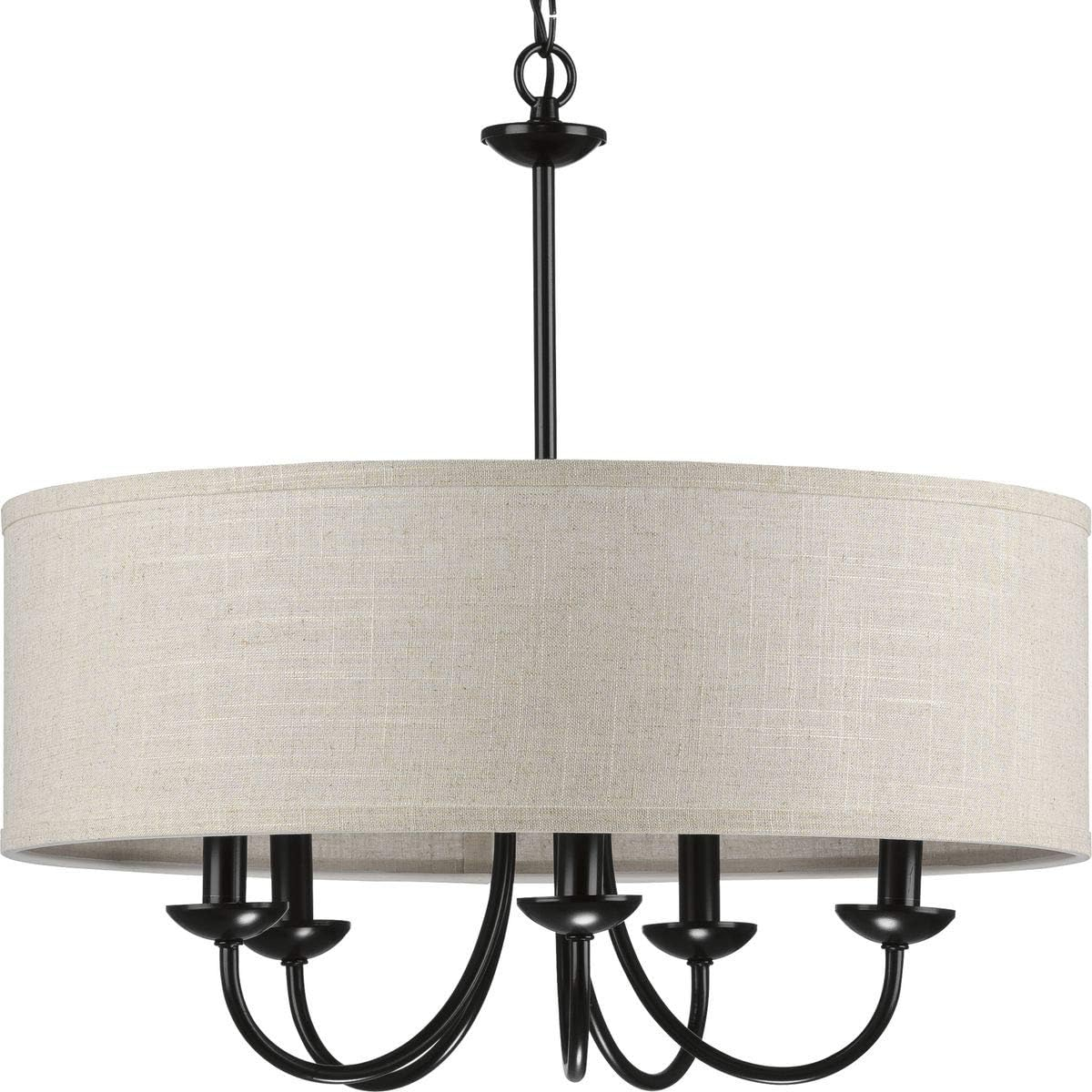 Progress Lighting, Drum Shade Collection, 5-Light Pendant, Black Finish, Harvest Linen Shade
