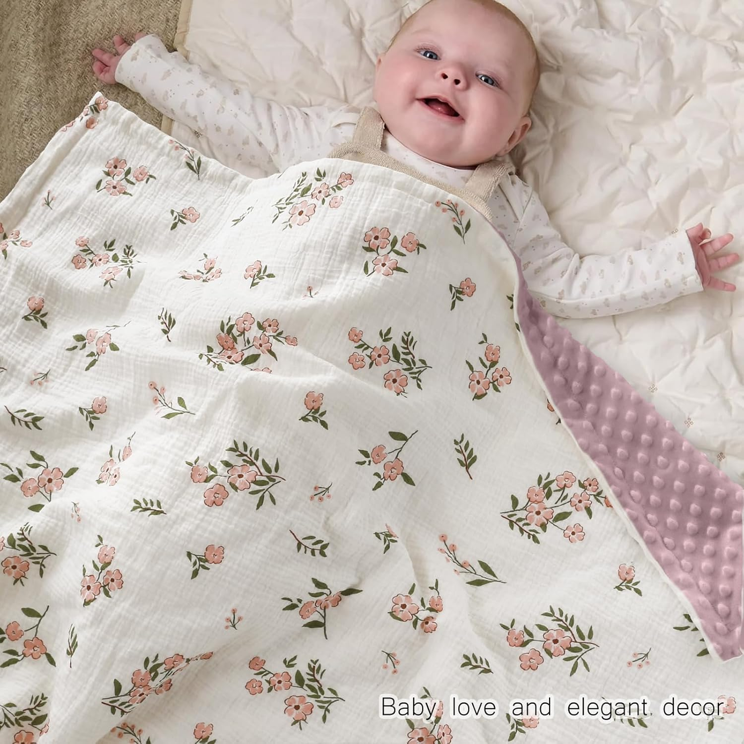 BOPRIO Muslin Baby Blankets for Girls Super Soft Nursery Minky Blankets with Breathable Muslin Cotton Front and 3D Touch Dotted Fleece Backing, Pink Floral Printed Bed Throws Newborn 30 x 40 Inch