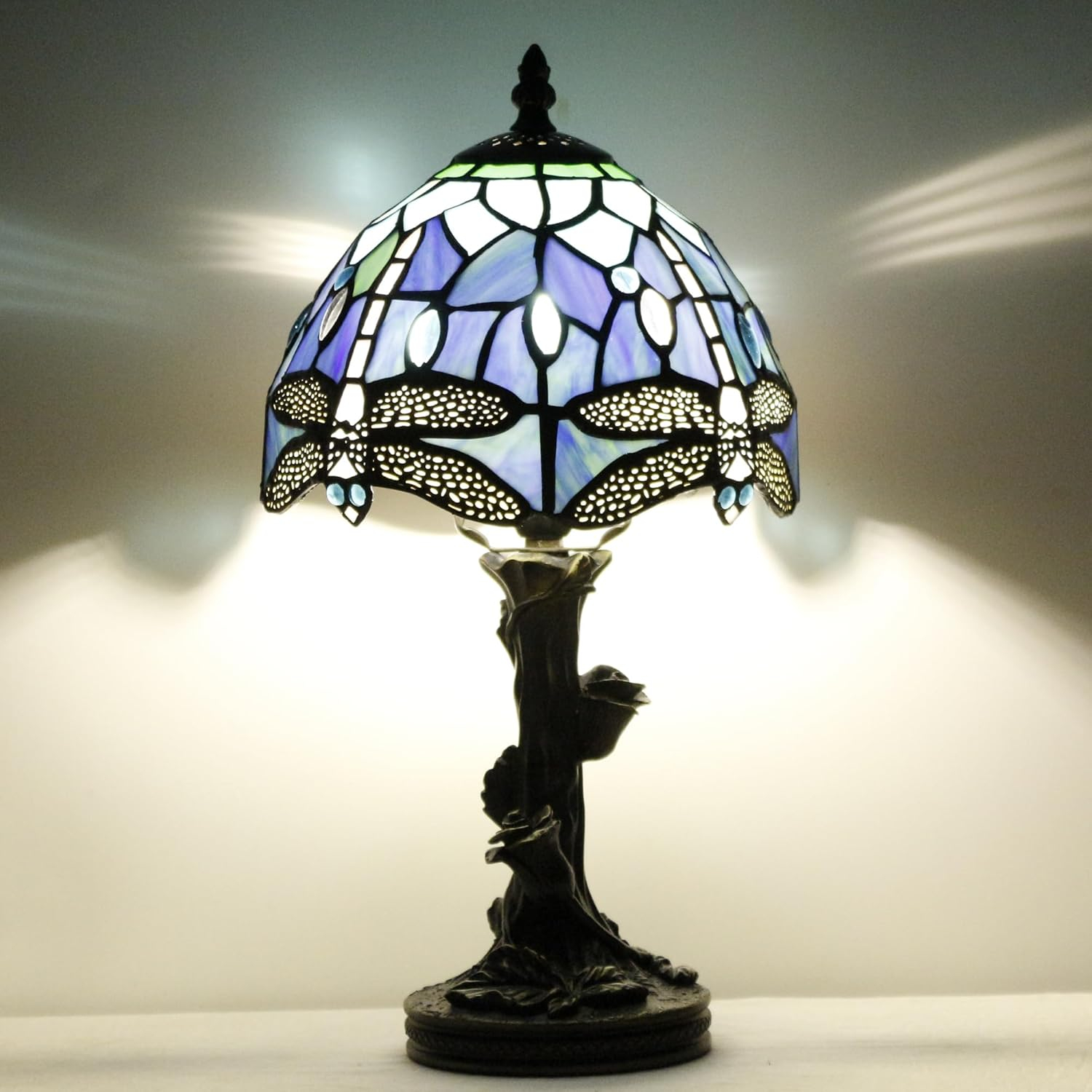 Astoria Grand Mampre Tiffany Mini Table Lamp Dragonfly Blue Stained Glass  LED Bulb Included 8"W*8"D*15"H